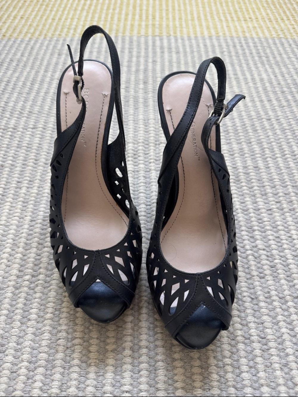 BCBGeneration Black Laser-Cut Slingback Peep-Toe 5 inch Heels